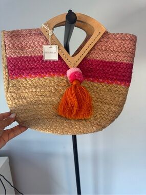 Shiraleah Pink & Natural Braided Straw Tote with Wooden Handles